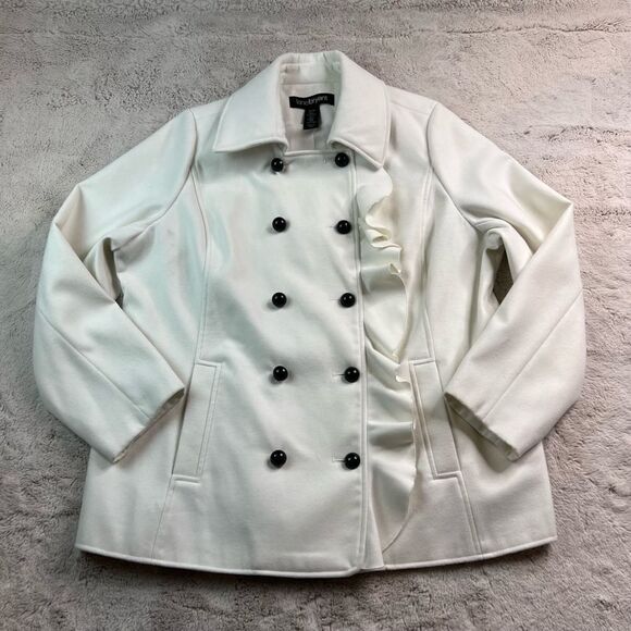Lane Bryant Double Breasted Coat Womens Size 18/20 Cream White Ruffle Jacket - Picture 2 of 12